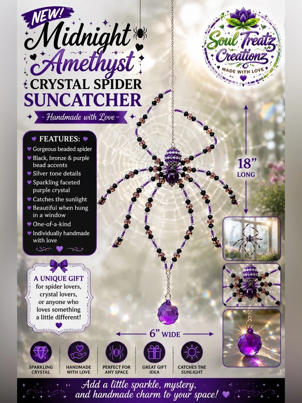 Purple Beaded Spider Crystal Sun Catcher
